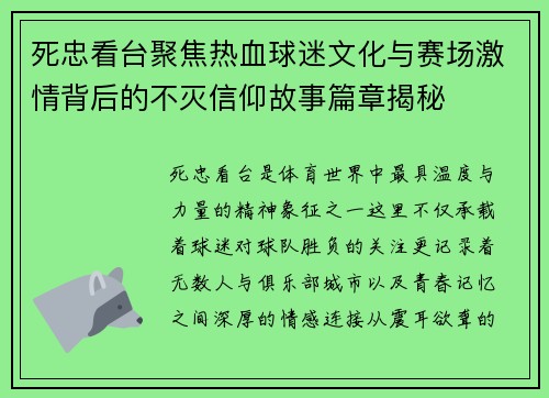 死忠看台聚焦热血球迷文化与赛场激情背后的不灭信仰故事篇章揭秘 死忠看台聚焦热血球迷文化与赛场激情背后的不灭信仰故事篇章揭秘